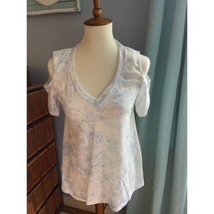 Blue and White Tie Dye Cold Shoulder v Neck T Shirt